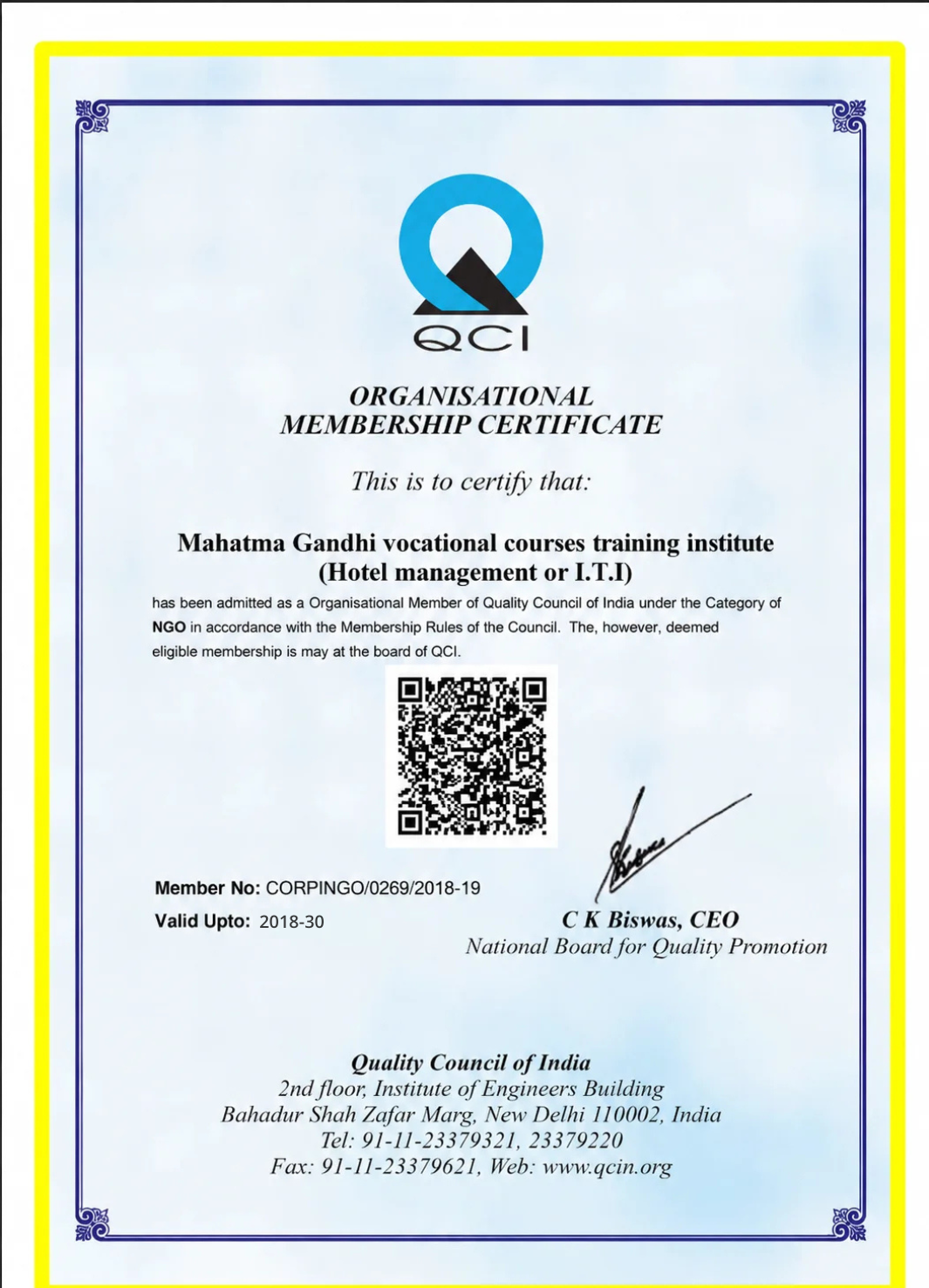 Mahatma Gandhi Vocational Courses Training Institute Registration Certificate